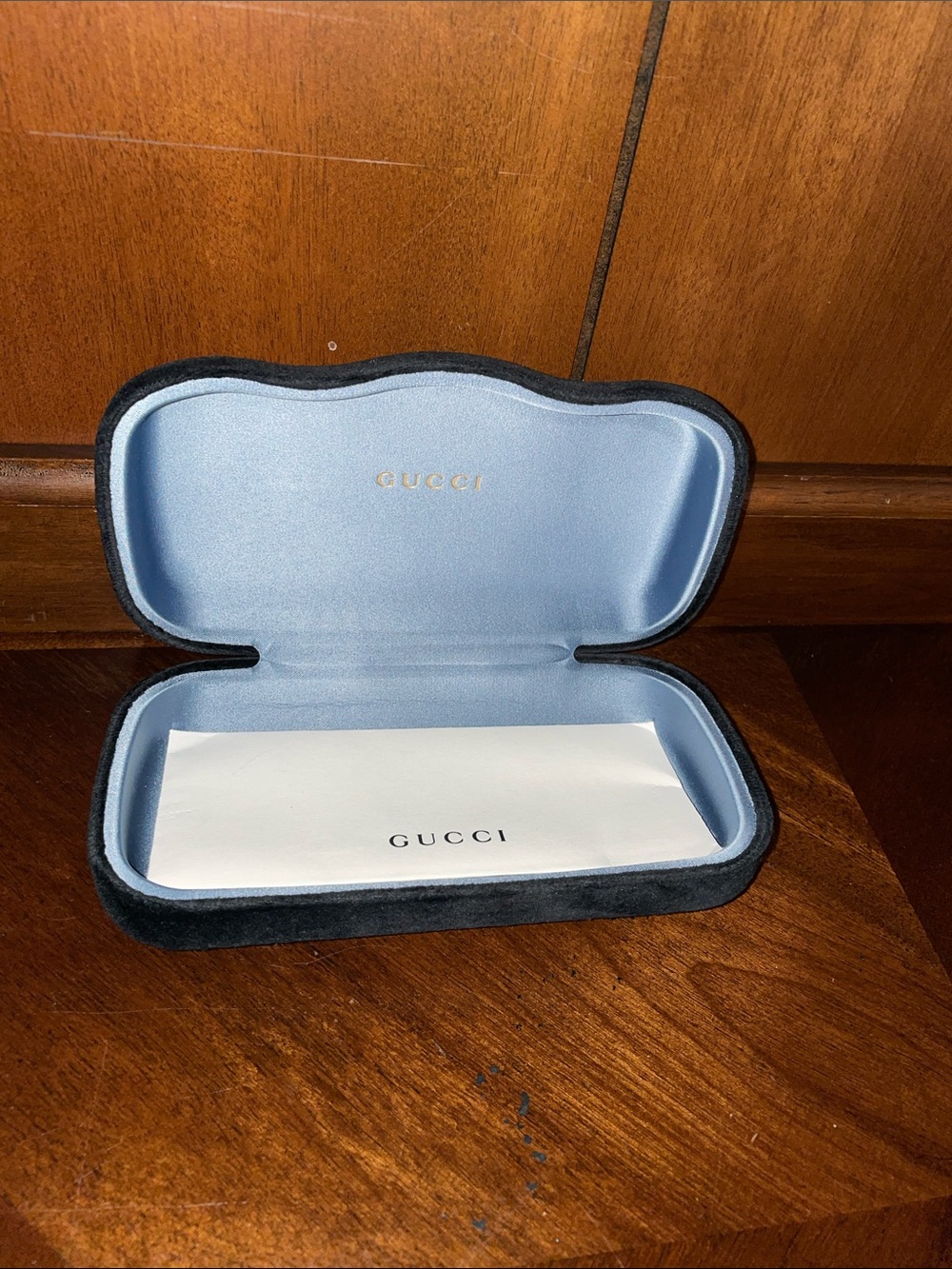 GUCCI Black Velvet Eyewear Case with Light Blue Satin Interior